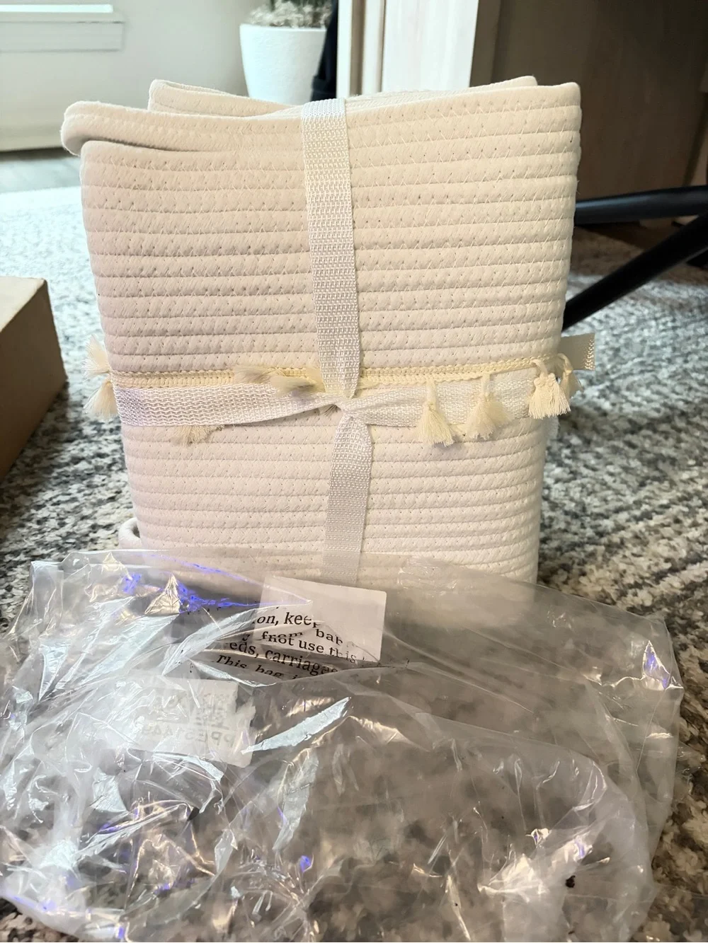 Neutral Cream Rope Baskets with Tassel Trim - Set of 3 (13”x13”)
